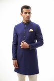 Navy Blue Brocade Silk Sherwani with Intricate Embroidery, Ideal for Weddings and Formal Events.