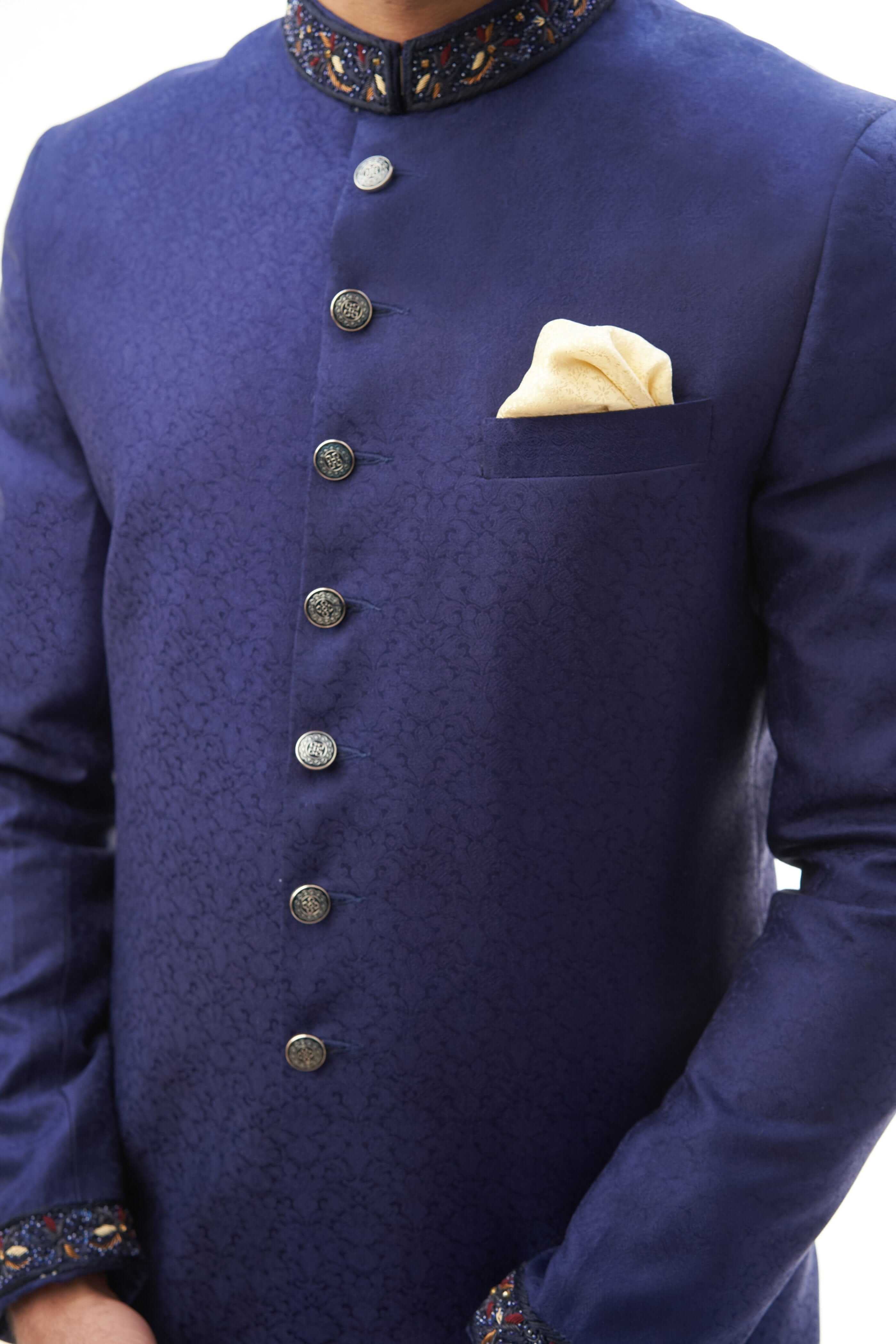 Navy Blue Brocade Silk Sherwani with Intricate Embroidery, Ideal for Weddings and Formal Events.