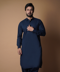 Navy Blue Shalwar Kameez with Peak Shirt Collar - Traditional Men's Outfit