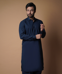 Navy Blue Shalwar Kameez with Peak Shirt Collar - Traditional Men's Outfit