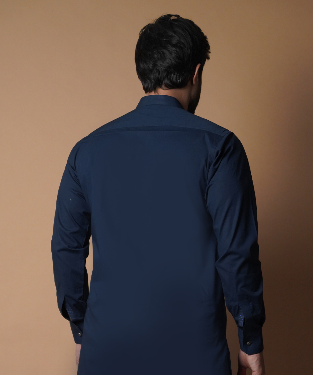 Navy Blue Shalwar Kameez with Peak Shirt Collar - Traditional Men's Outfit