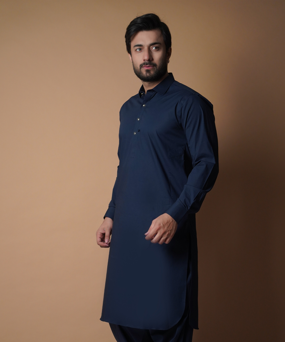 Navy Blue Shalwar Kameez with Peak Shirt Collar - Traditional Men's Outfit