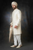  Pearl White Classic Sherwani with Sequins, Elegant Design for Weddings and Special Occasions.