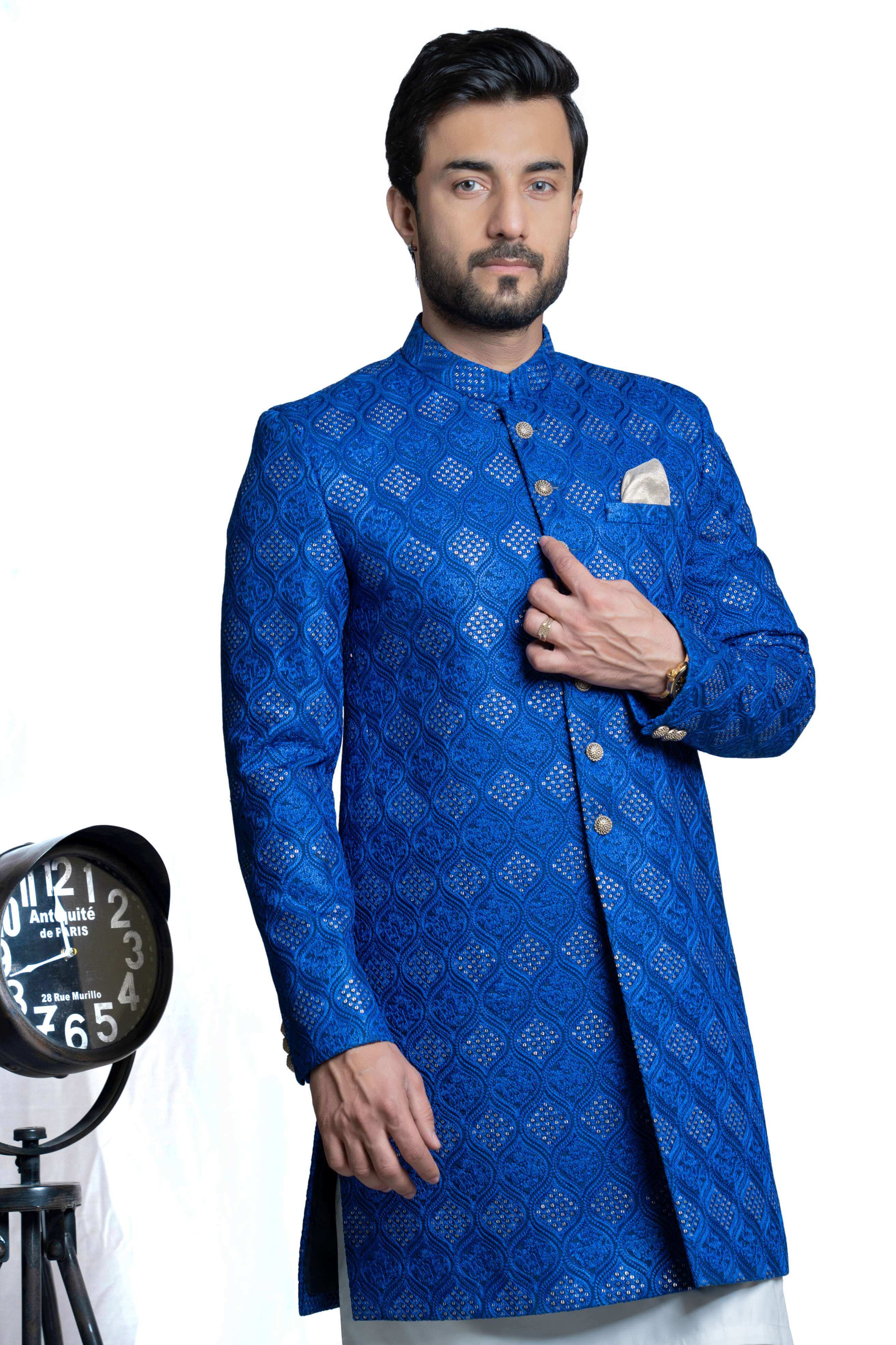  Royal Blue Gardens Short Sherwani with Handcrafted Sequins – Elegant design with intricate sequins for a sophisticated look.
