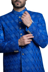  Royal Blue Gardens Short Sherwani with Handcrafted Sequins – Elegant design with intricate sequins for a sophisticated look.