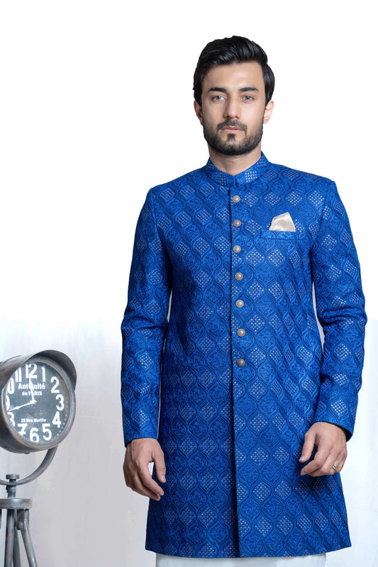 Royal Blue Gardens Short Sherwani with Handcrafted Sequins – Elegant design with intricate sequins for a sophisticated look.