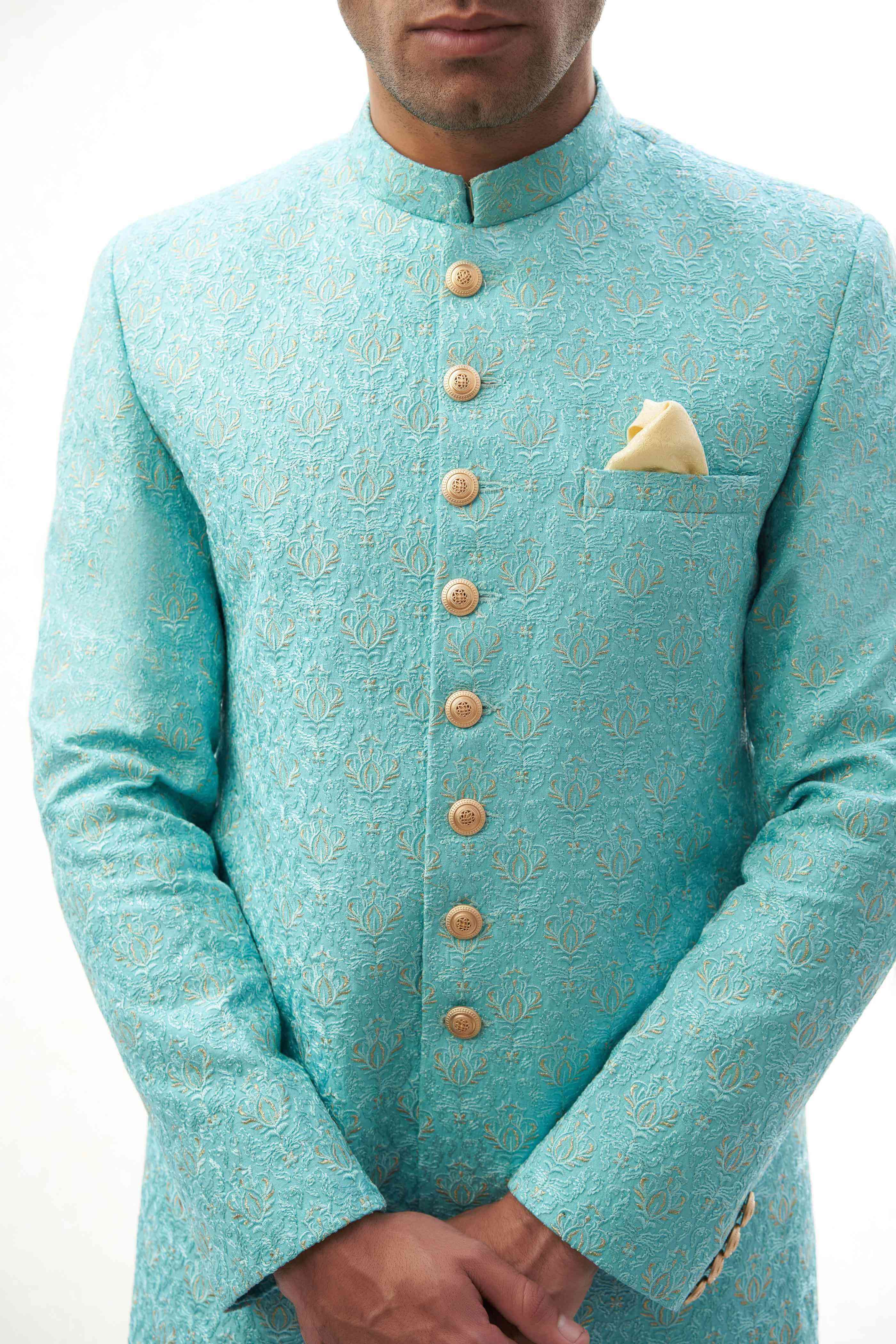 Sky Blue Rawsilk Sherwani with Resham and Gold Tilla Embroidery, Ideal for Weddings and Festive Occasions.