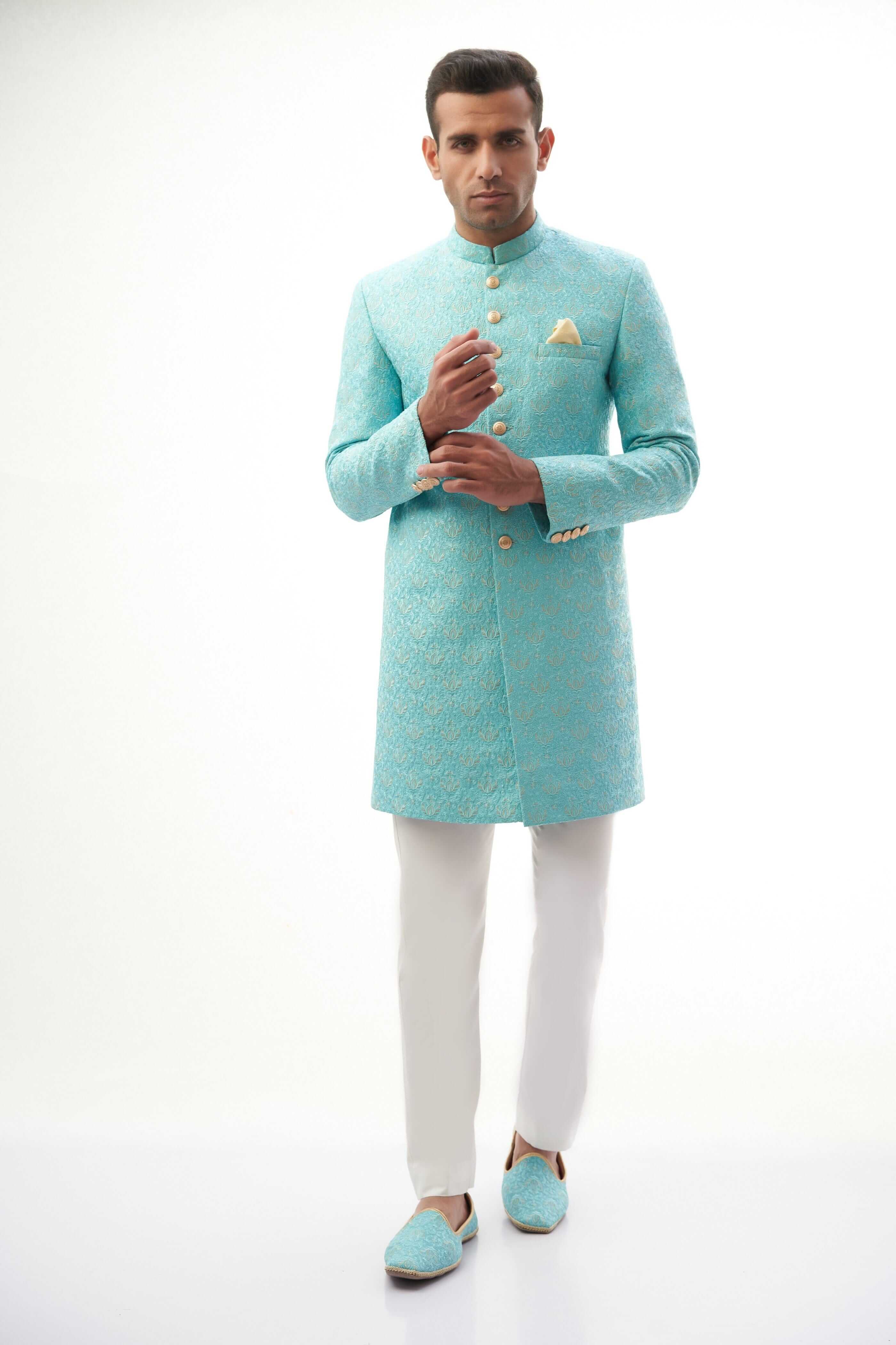 Sky Blue Rawsilk Sherwani with Resham and Gold Tilla Embroidery, Ideal for Weddings and Festive Occasions.
