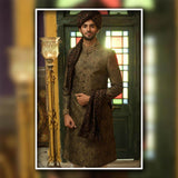 Rustic Brown & Black Brocade Sherwani - Ceremonial - 8