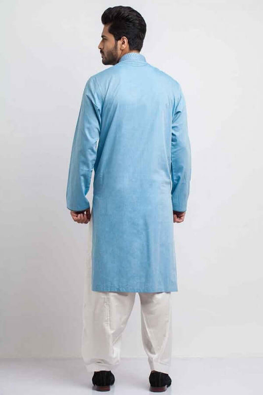 Sky Blue Kurta with Embroidered Collar