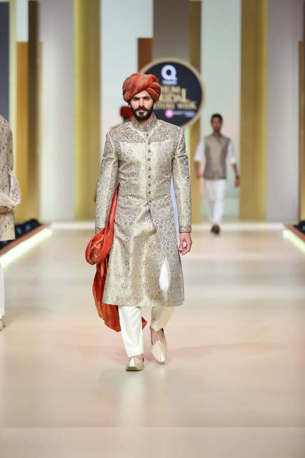 Luxurious Brocade Sherwani - Gold & Green Touch