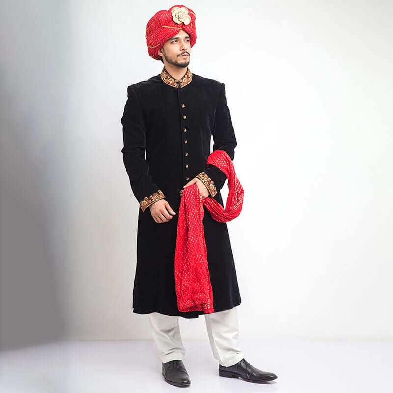 Jet Black Cocktail Velvet Form Fitted Sherwani