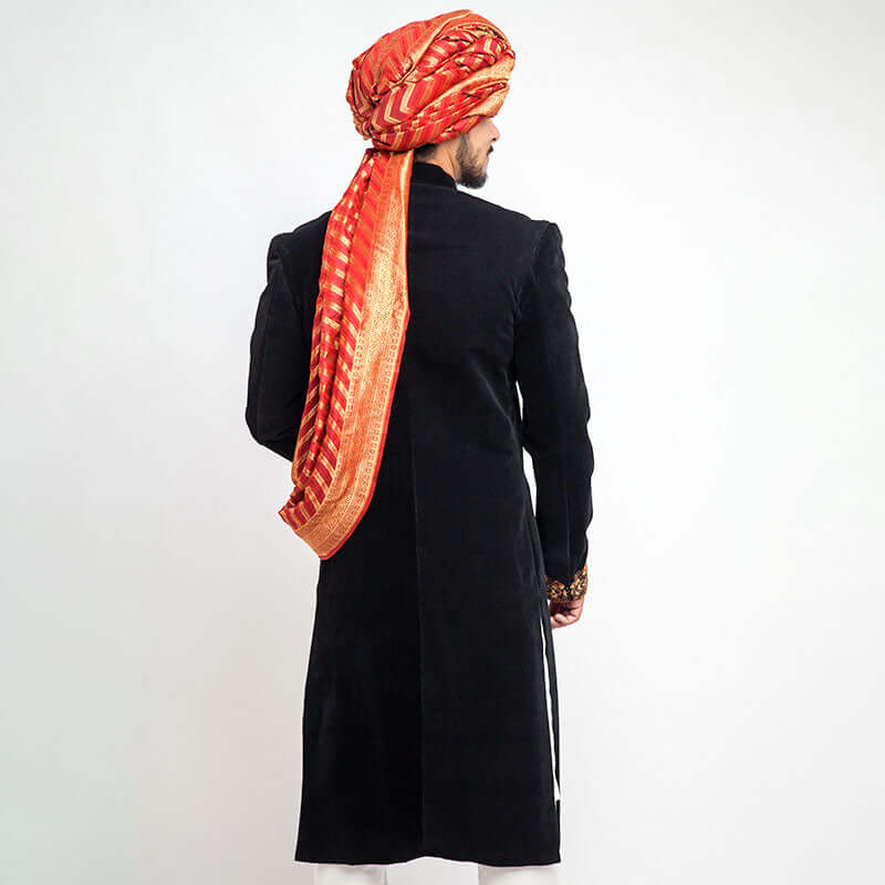 Jet Black Cocktail Velvet Form Fitted Sherwani