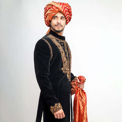 Jet Black Cocktail Velvet Form Fitted Sherwani