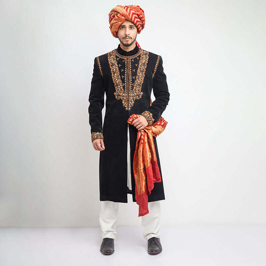 Jet Black Cocktail Velvet Form Fitted Sherwani