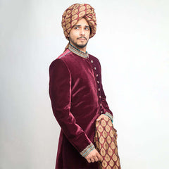 Deep Maroon Velvet Form-Fitted Sherwani