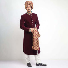 Deep Maroon Velvet Form-Fitted Sherwani