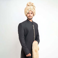 AI Signature: Jet Black Quad-Slit Sherwani