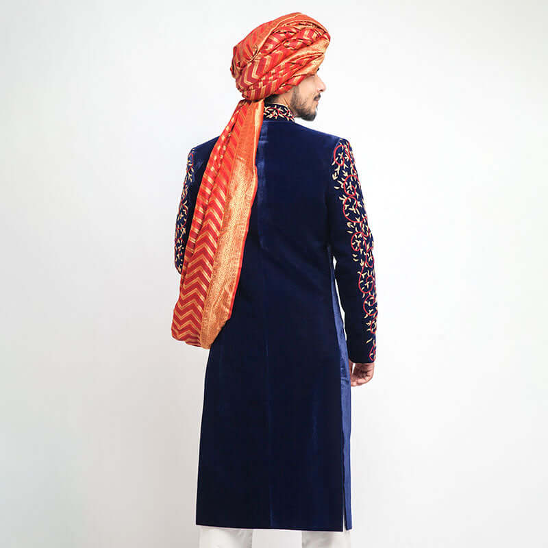 Deep Royal Blue Velvet Form-Fitted Sherwani