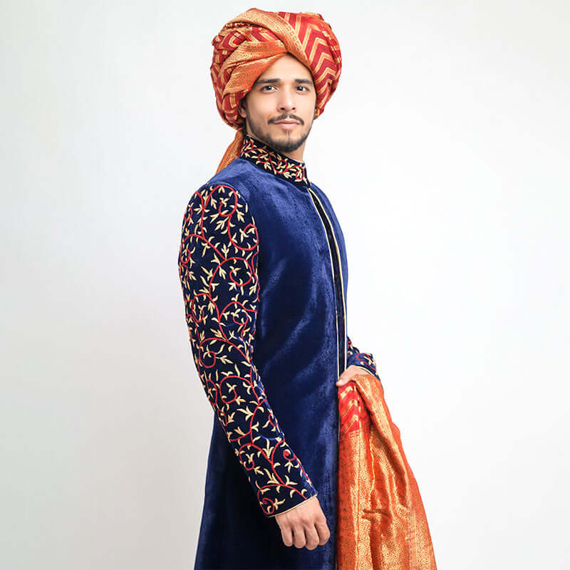 Deep Royal Blue Velvet Form-Fitted Sherwani