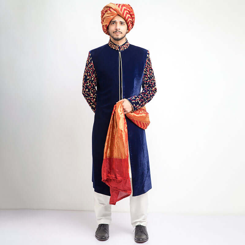 Deep Royal Blue Velvet Form-Fitted Sherwani