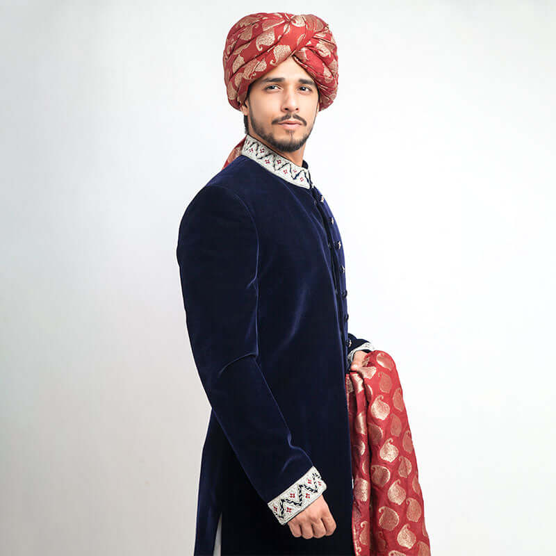 Midnight Blue Pure Velvet Form-Fitted Sherwani