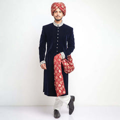 Midnight Blue Pure Velvet Form-Fitted Sherwani