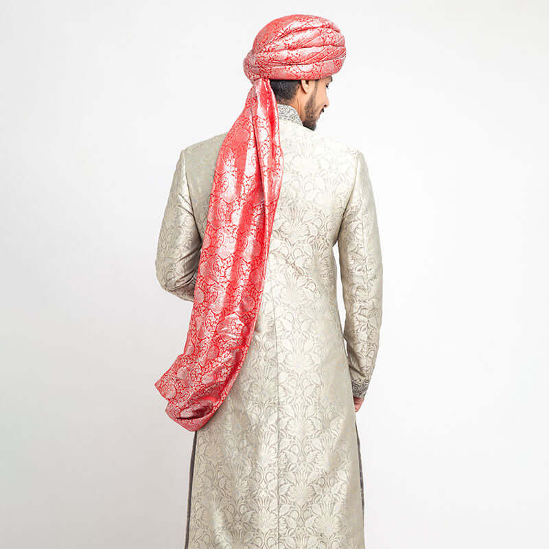 Ash Grey Pure Brocade Silk Sherwani