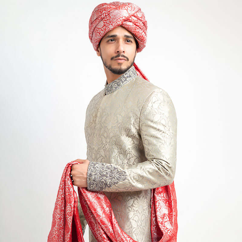 Ash Grey Pure Brocade Silk Sherwani