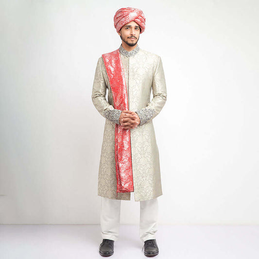 Ash Grey Pure Brocade Silk Sherwani