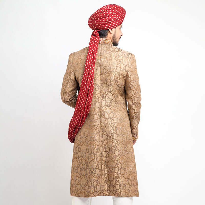 Gold Brocade Silk Form Fitted Sherwani