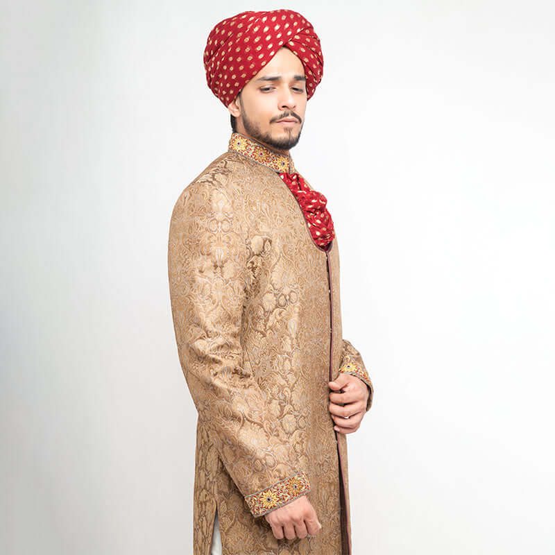 Gold Brocade Silk Form Fitted Sherwani