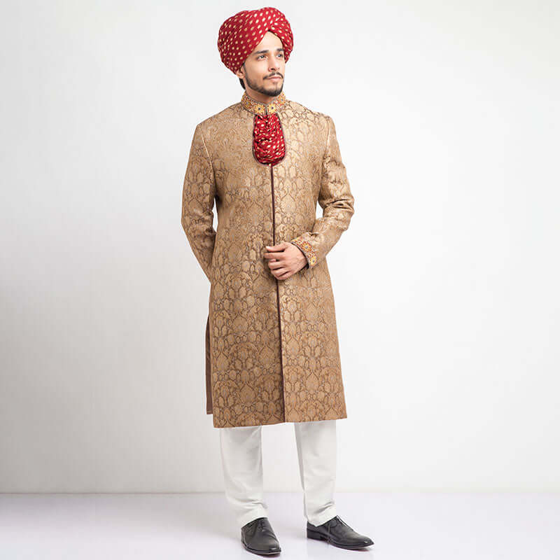 Gold Brocade Silk Form Fitted Sherwani