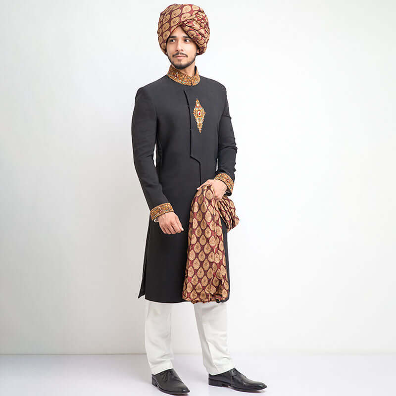 Black Jewel Form Fitted Sherwani