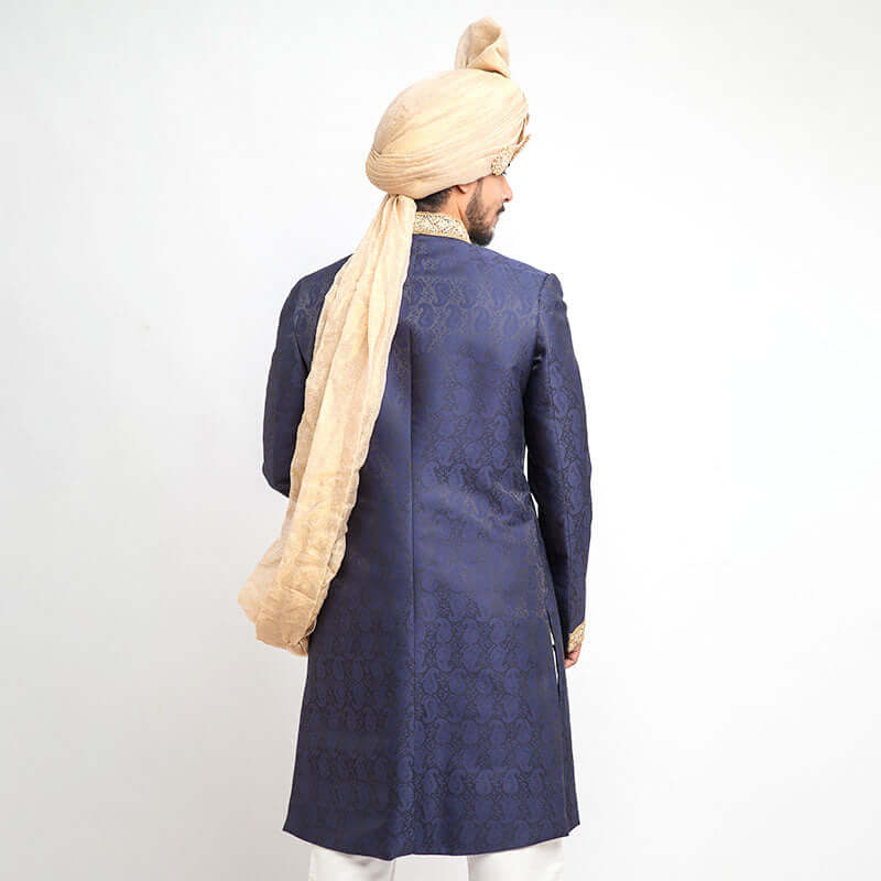 Navy Blue Jamavar Silk Form Fitted Sherwani