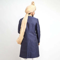 Navy Blue Jamavar Silk Form Fitted Sherwani