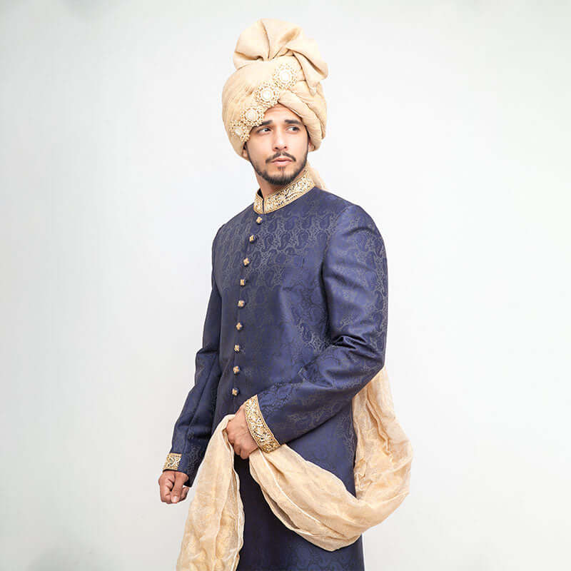 Navy Blue Jamavar Silk Form Fitted Sherwani