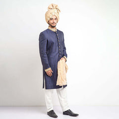 Navy Blue Jamavar Silk Form Fitted Sherwani