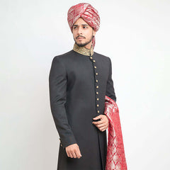 Jet Black Velet Form Fitted Sherwani with Zardori Collar 