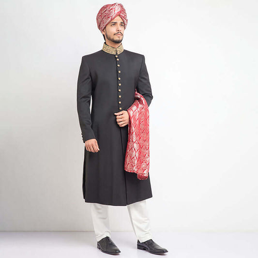 Jet Black Velvet Form Fitted Sherwani