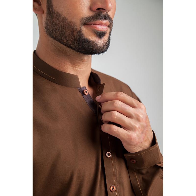 Brown Designer Salwar Kameez with Edgy Mandarin Collar