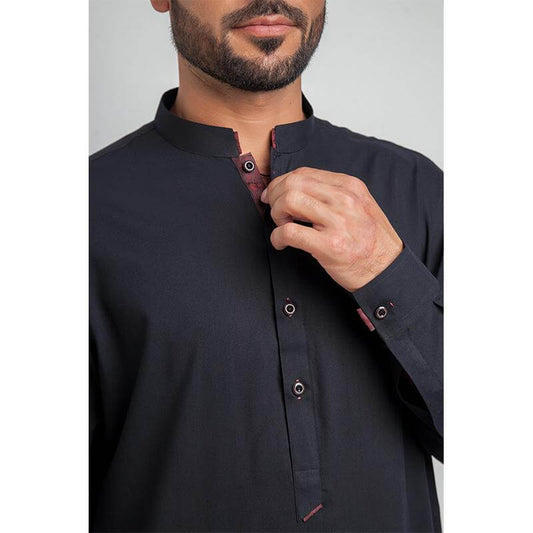 Black Shalwar Kameez with Maroon Brocade Accents