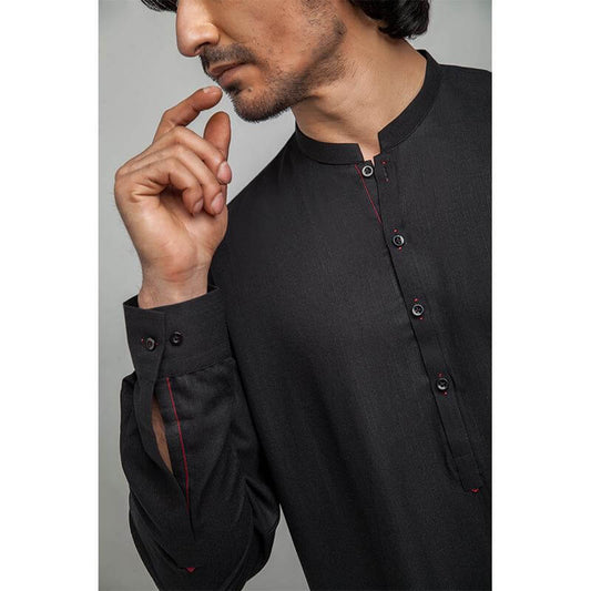 Classic Mandarin Collar Black Shalwar Kameez