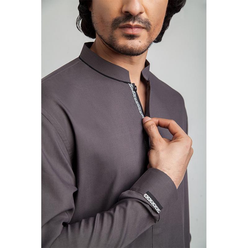 Charcoal Grey Edged Collar Shalwar Kameez