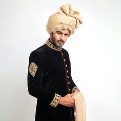 Jet Black Cocktail Velvet Form-Fitted Sherwani