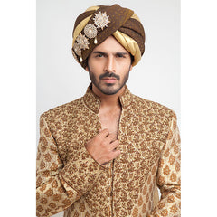 Antique Gold Brocade Silk Form-Fitted Sherwani