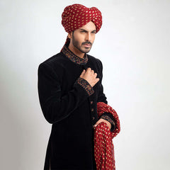 Jet Black premium velvet Form-Fitted Sherwani