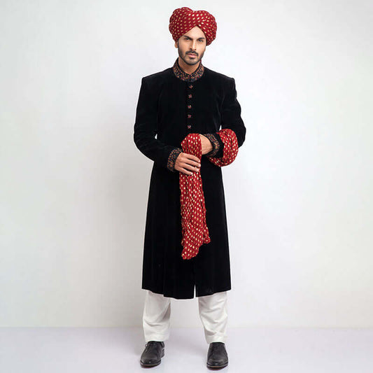 Jet Black premium velvet Form-Fitted Sherwani