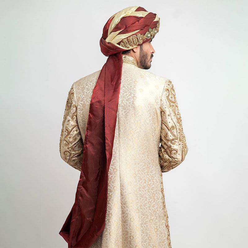 Ivory Pure Jamavar Silk Form-Fitted Sherwani
