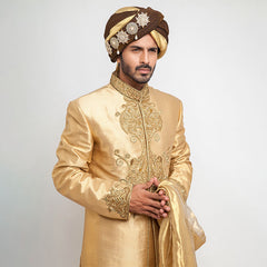 Medium Gold Pure Jamavar Silk Form-Fitted Sherwani